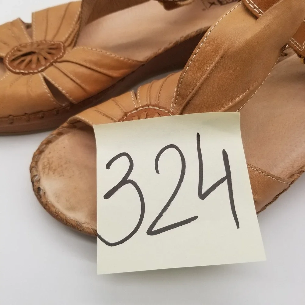 Pikolinos Women Tan Leather‎ T-Strap Wedge Sandals  41 Floral Cutout Peep Toe